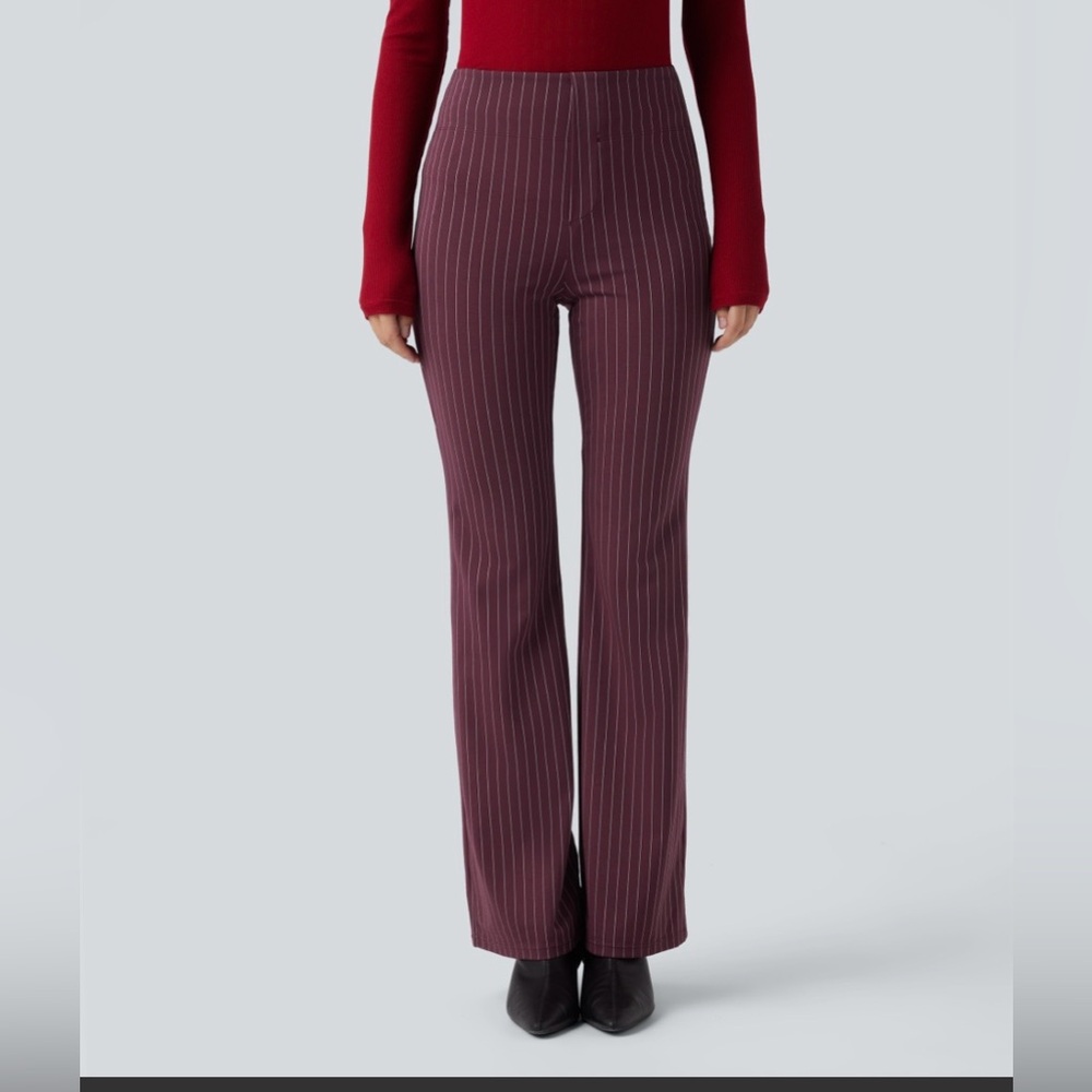 HALARA Burgundy Pinstripe Flare Pants